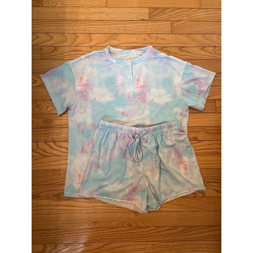 Women's sleep set pastel tie-dye drawstring casual tshirt cotton candy summer